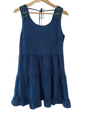 Vintage Mine Blue Polka Dot Tiered Mini Dress Medium Y2K festival sundress